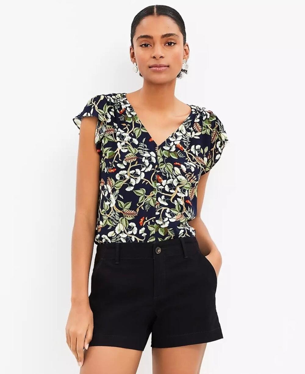 Loft Floral Tropical Blouse V-Neck Cap Sleeves Womens Size SP Summer Cottagecore